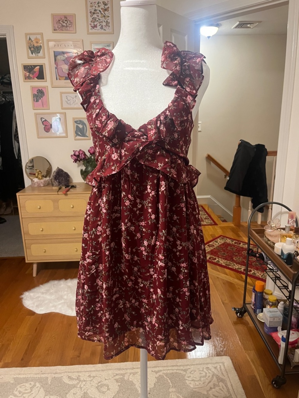 Altar'd State Burgundy Floral Ruffle Dress